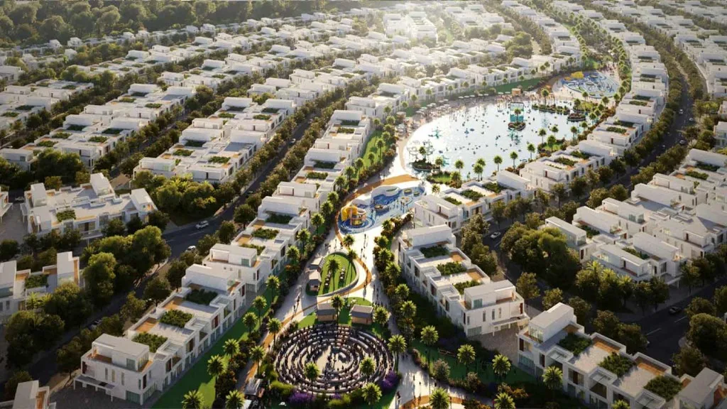 Aerial view of Lush townhouses and lagoon at Lush, DAMAC Riverside, Dubai Investment Park