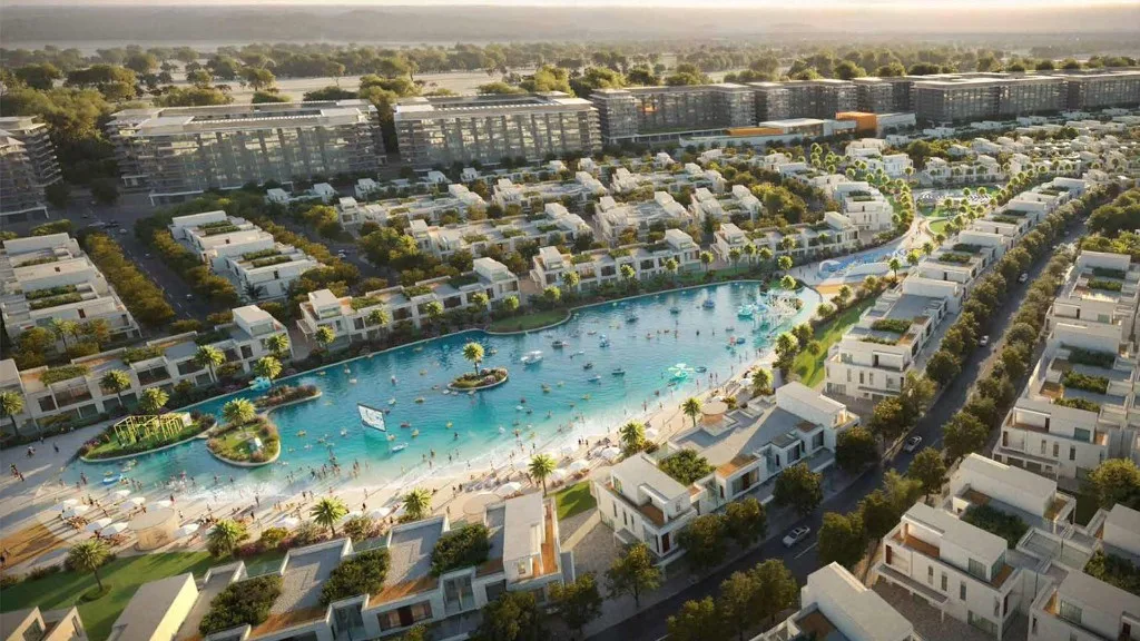 Lagoon and townhouses at Lush, DAMAC Riverside, Dubai Investment Park