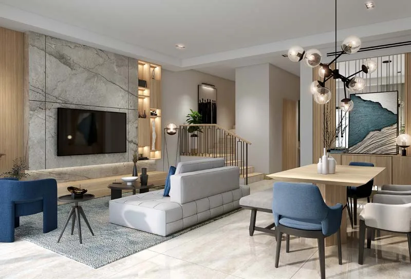 Marble feature wall living room at Lush, DAMAC Riverside, Dubai Investment Park