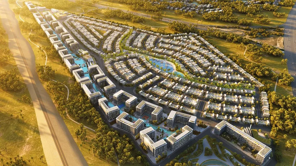 Sunset masterplan aerial at Sage, DAMAC Riverside, Dubai Investment Park